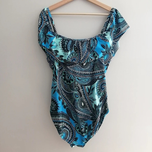 Jantzen Aqua Plus Size Reef Blue Paisley Ruffle One Piece Swim Bathing Suit 14 - Picture 4 of 16